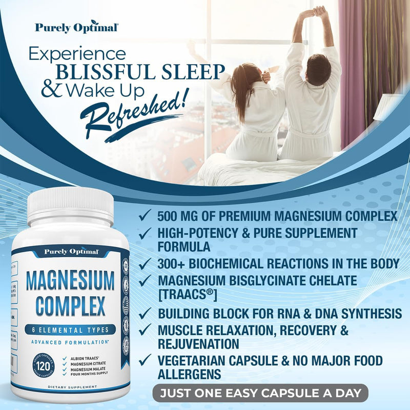 [Australia] - Magnesium Complex Supplement - Magnesium Citrate, Malate, Taurate, Oxide, Bisglycinate Chelate, Aspartate 500mg - for Sleep, Leg Cramps, Muscle, Heart - Max Absorption, Gluten-Free, Non-GMO 120 Caps 120 Count (Pack of 1) 120.0 