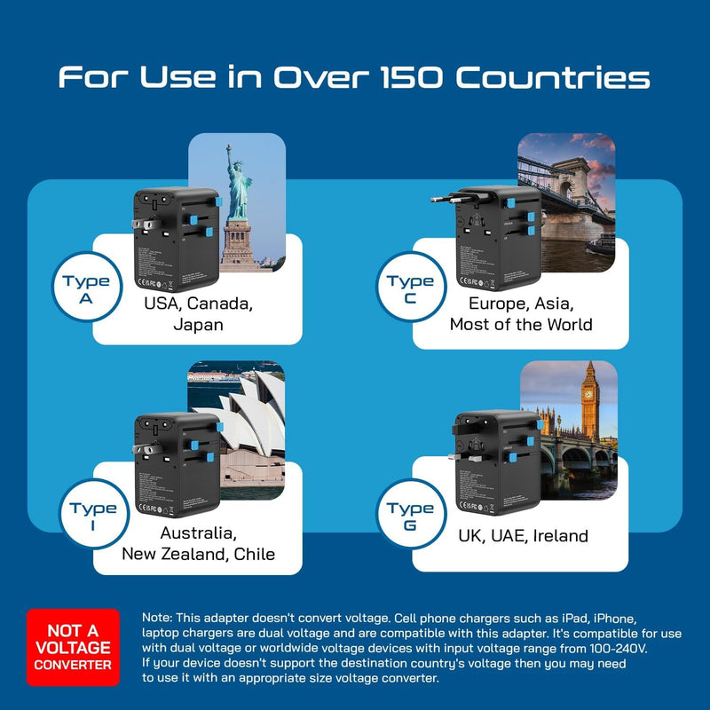 Ceptics GAN 100W Universal Travel Adapter with Retractable USB-C Cable, 2X USB-A & C, Universal Input and 1x USA/JP Input, 7 in 1 Universal Adapter for Worldwide Travel - Type A, C, G, I Output Black/Blue