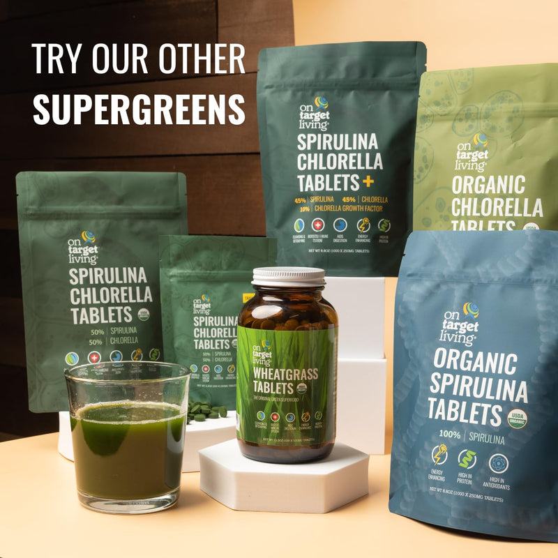 [Australia] - On Target Living Organic Spirulina Chlorella | Supergreens | USDA Organic | 1000 Tablets- 250 G (8.8 oz) | Vegan | Immune Support | Alkalyzing | Nutrient Dense | Protein Dense 