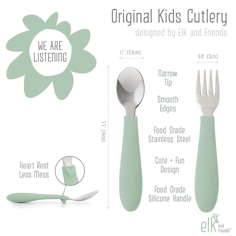 [Australia] - Elk and Friends Kids Silverware with Silicone Handle | Childrens Safe Flatware | Toddler Utensils | Baby Spoons + Forks | Stainless Steel Cutlery Sage/MistyBlue/Gray 