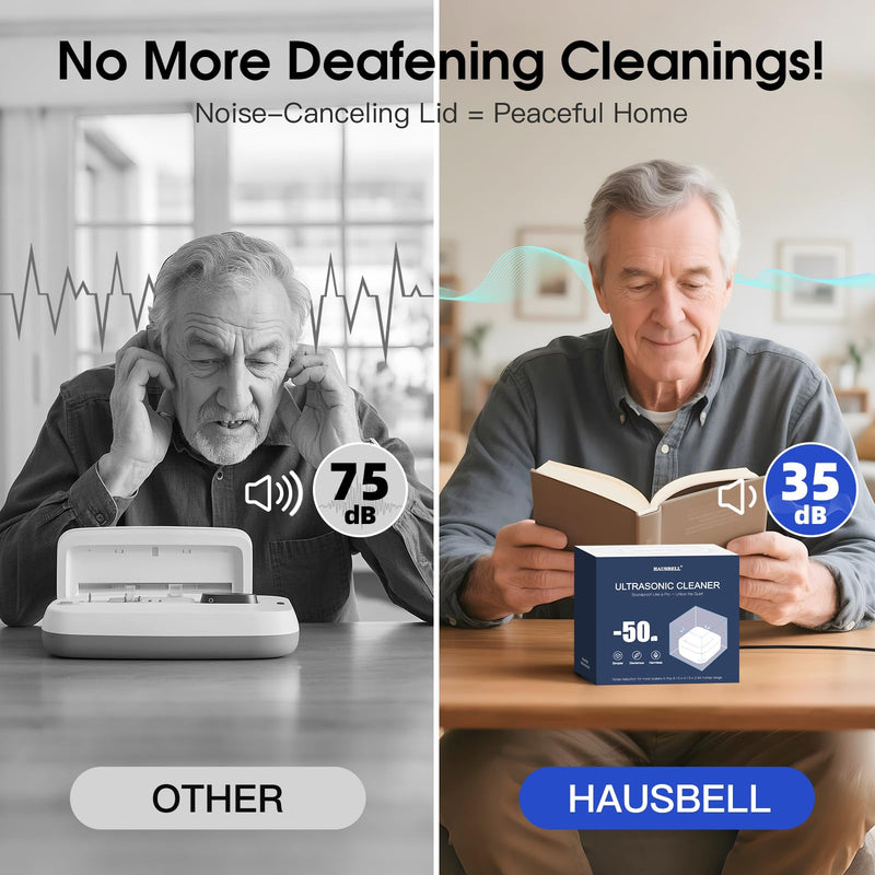 HAUSBELL Dental Pod: Ultrasonic Retainer Cleaner, Denture Cleaner Machine with 8 Cleaner Tablets, Aligner Cleaner, Nightguard Cleaner, Mouthguard Cleaner, Ultrasonic Cleaner with Noise-Reduction Lid Ultrasonic Cleaner - White