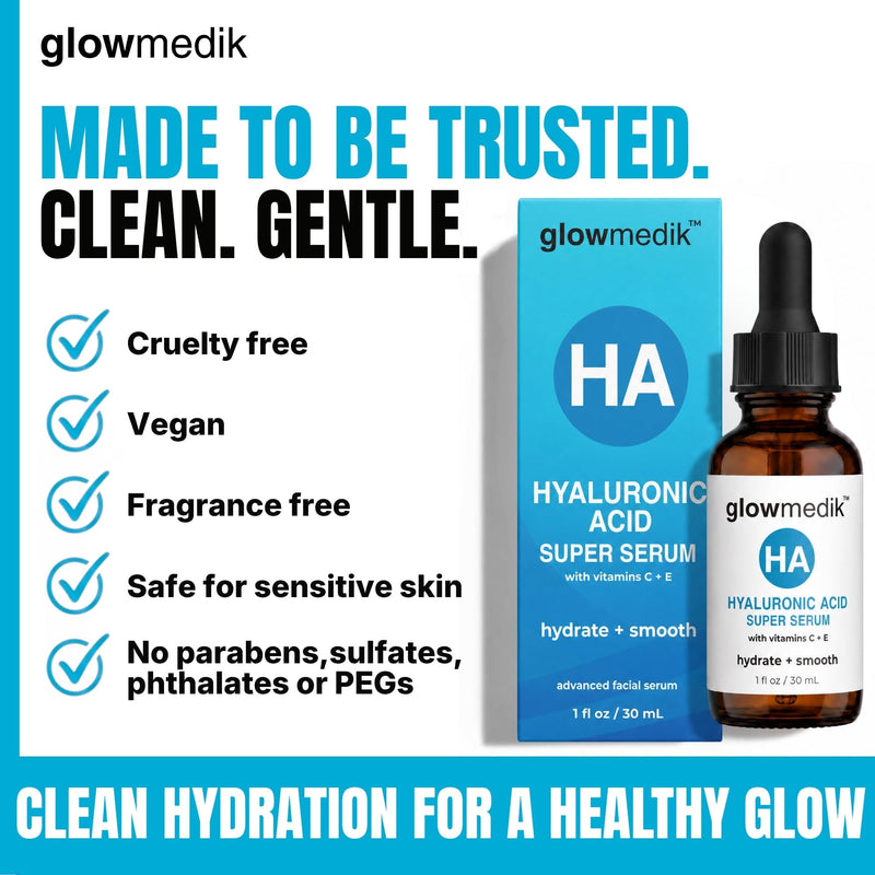 Glowmedik Hyaluronic Acid Serum for Face with Vitamin C & E - Advanced Hydrating Face Serum for Dry Skin, Fine Lines & Wrinkles - Vegan Facial Moisturizer for Women 1 fl oz 30ml