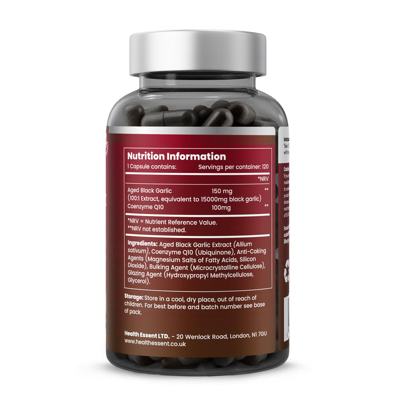 HealthEssent Aged Black Garlic 15,000mg Blood Pressure Support with CoQ10 | 120 Capsules, 4 Month Supply | Odourless Fermented Aged Garlic Extract | 100:1 Dual Complex | Vegan, Non-GMO, GMP Quality