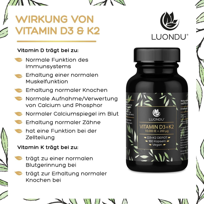 [Australia] - Luondu Vitamin D3 10,000 IU + Vitamin K2 MK7 200 mcg Depot (High Dose & Vegan) Vitamin D3 K2 Capsules High Dose (180 Capsules) 76 g (Pack of 1) 
