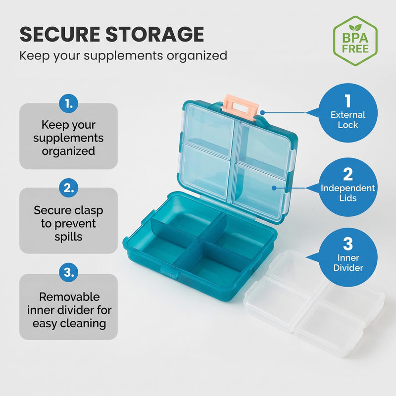 Foldable Weekly Pill Organizer Travel Small Pill Box with Labels (Blue) | 8 Compartments with 7-day Stickers, Compact Size Fits Purse Pocket, for Vitamins and Medication Daily Blue