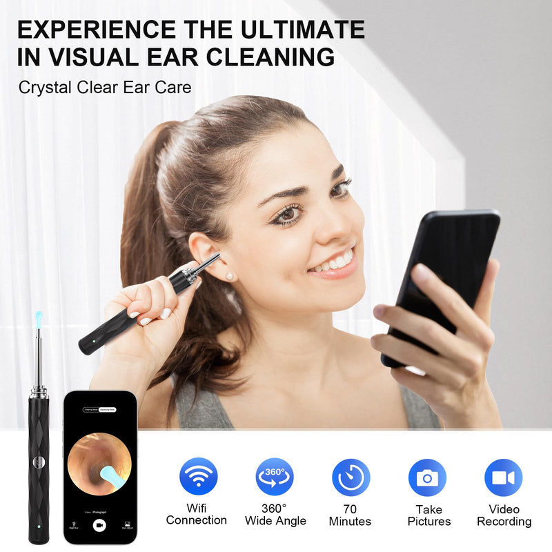 [Australia] - High-Definition Ear Wax Removal, Wireless Ear Cleaner, Safe and Gentle Ear Wax Removal Kit, Rechargeable Ear Cleaner with Camera and Light, Ear Cleaning Kit for Android and iOS (Black) Black 