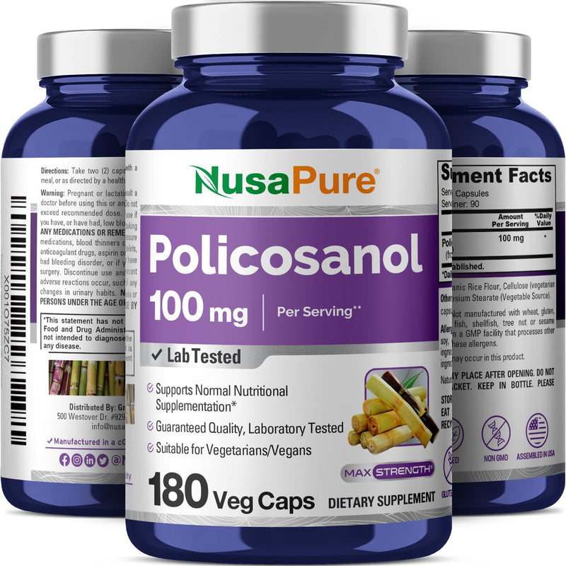 [Australia] - NusaPure Policosanol 100mg 180 Veggie Capsules (Vegan, Non-GMO, Gluten-Free) 