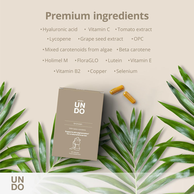 Tanning Capsules - Beta Carotene, Hyaluronic Acid, Lycopene, Copper, Selenium for Radiant & Hydrated Skin - Undo Bronzan, 60-Day Supply by Sensilab