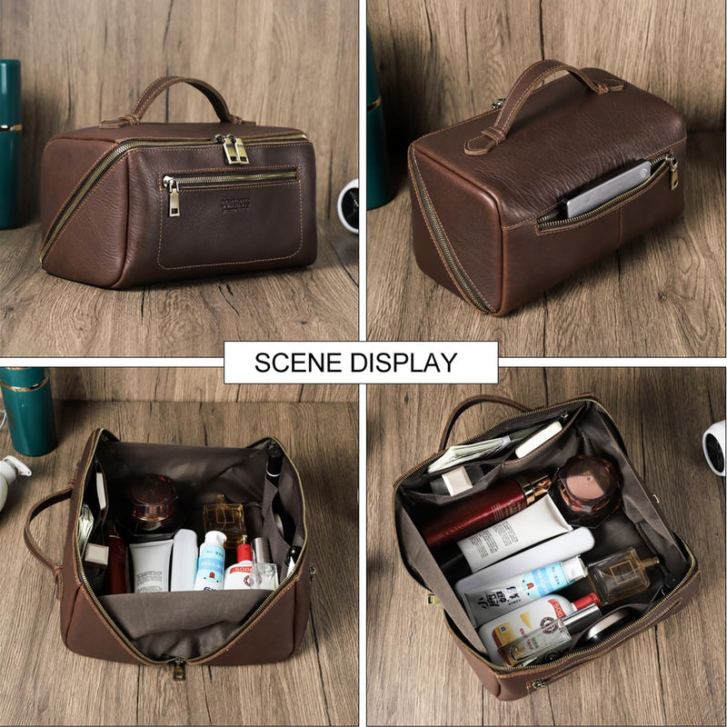 CONTACTS Full Grain Leather Travel Toiletry Bag for Men Large Wash Bag with Handle Bathroom Shaving Dopp Kit Toiletries Organizer Vintage Cosmetic Bag Red Brown