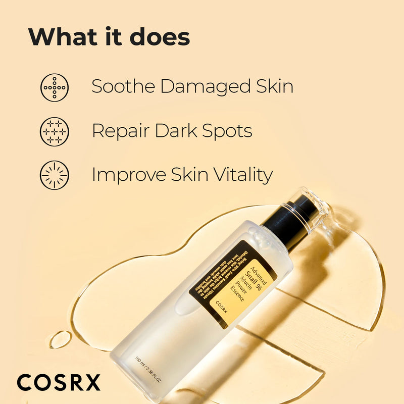 COSRX Snail Mucin 96% Power Repairing Essence 3.38 fl.oz 100ml, Hydrating Serum for Face with Snail Secretion Filtrate for Dull Skin & Fine Lines, Korean Skincare 3.38 Fl Oz (Pack of 1)