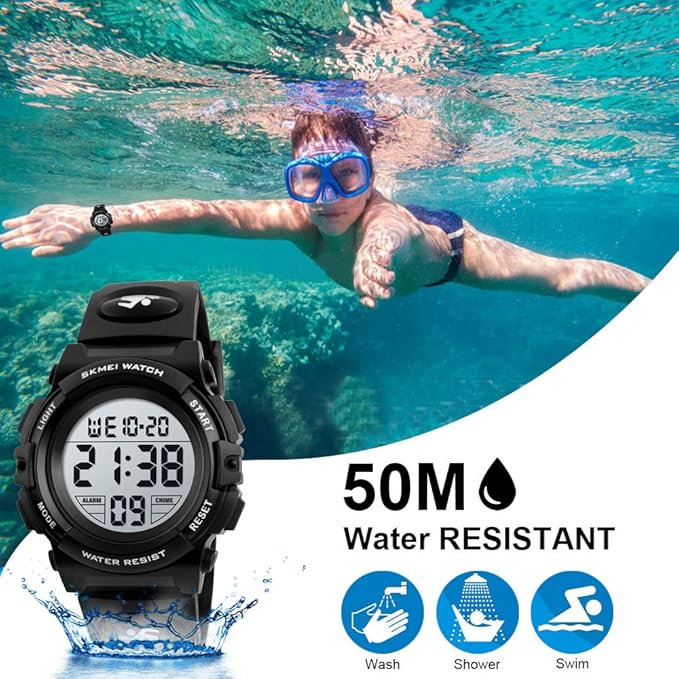 [Australia] - Kids Watch,Boys Watch for 3-12 Year Old Boys,Digital Sport Outdoor Multifunctional Chronograph LED 50 M Waterproof Alarm Calendar Analog Watch for Children with Silicone Band 01-Black 