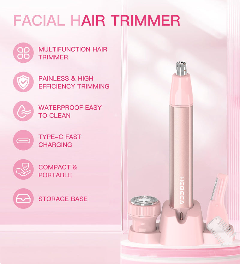 [Australia] - Nose Hair Trimmer for Women 3in1 Facial Hair Removal Trimmers with Storage Base - Waterproof, Portable USB Rechargeable with Travel Bag- Trims Nose, Ear, Eyebrow, Peach-Fuzz, Lips, Chin Face Hair 