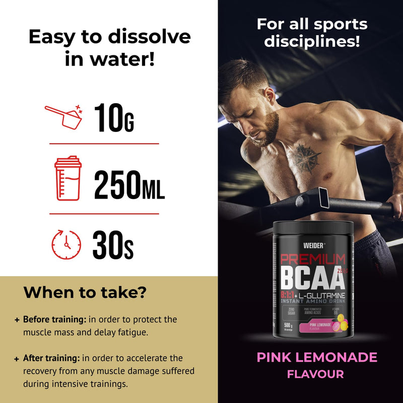 Premium BCAA 8:1:1+L-Glutamine (500g) Pink Lemonade Flavour, Recovery Combination of Amino Acids with Kyowa Quality® L-Glutamine, Vitamin B6, Increases and Protects Muscle Mass, Zero Sugar, Vegan 500g