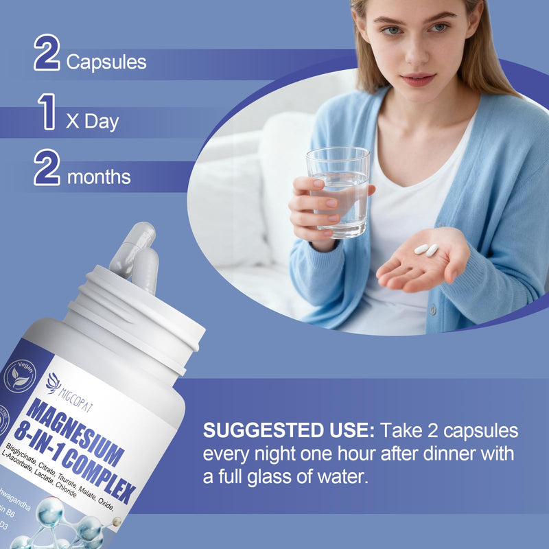 Magnesium Complex 8-in-1, Magnesium Glycinate Supplements with Bisglycinate, Citrate, Taurate 1000mg, Added Zinc B6 D3 for Energy, Muscle, Sleep & Nerve Function - High Absorption 120 Vegan Capsules