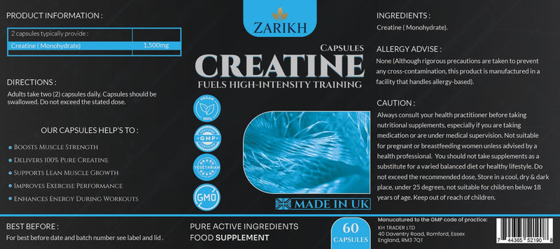 Creatine monohydrate Capsules | Supports Lean Muscle Mass, Recovery, Energy & Performance | Unflavoured creatine Capsules for Men & Women | 1500mg creatine per Serving | 60 Capsules | UK Made