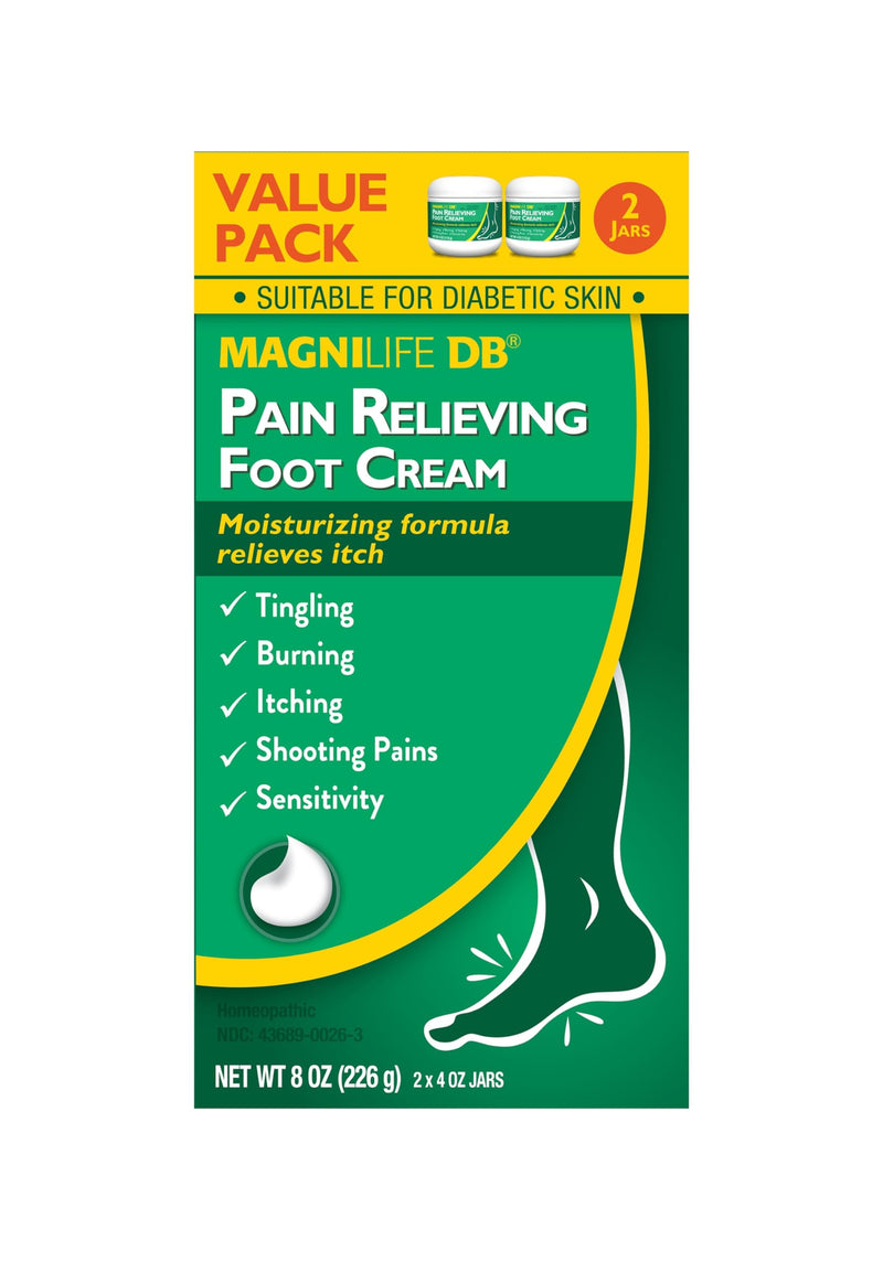 MagniLife DB Pain Relieving Foot Cream, 4 Oz Jar (2 Pack) Calming Relief for Burning, Tingling, Shooting & Stabbing in Feet & Legs, Moisturizing & Hydrating Foot Cream for Diabetic & Sensitive Skin 2-4oz Jars