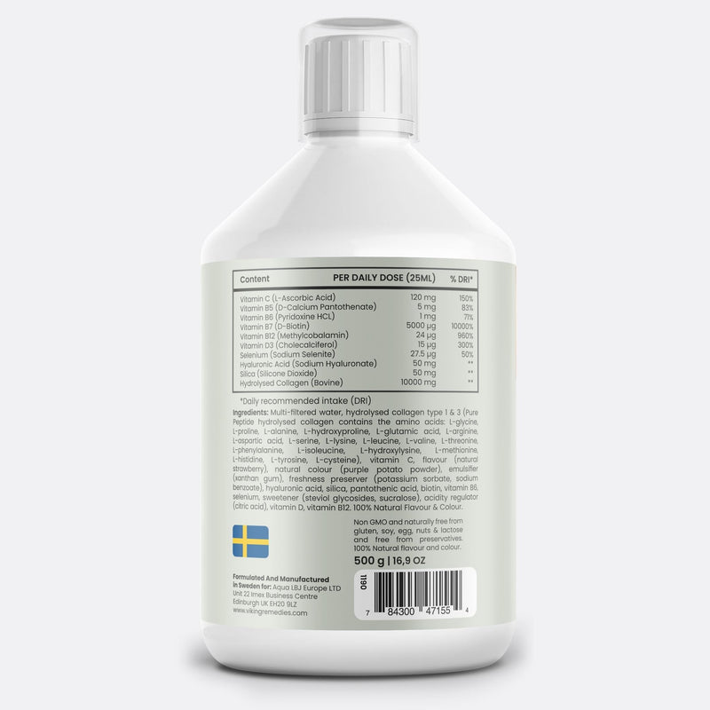 Bovine Collagen Liquid 10,000mg – Type I & III Hydrolysed Collagen – 500ml – Grass-Fed, Sugar-Free, Tasteless – Skin, Joint & Bone Support – Made in Sweden