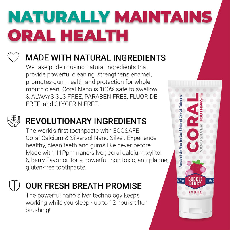 Coral Nano Silver Bubble Berry Kids Toothpaste, Natural Fluoride Free Teeth Whitening Toothpaste, Coral Calcium Nano Silver Infused SLS Free - 4 Ounces 4 Ounce (Pack of 1)