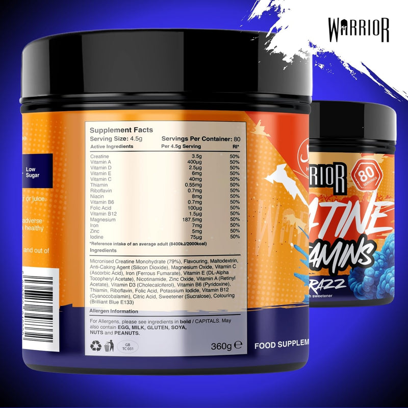 Warrior Creatine Monohydrate 360g (80 Servings) – Creatine Powder + Multivitamin with Magnesium & Vitamin D – All-in-One Gym & Sports Performance Formula for Strength, Muscle & Energy – Blue Raspberry Blue Razz