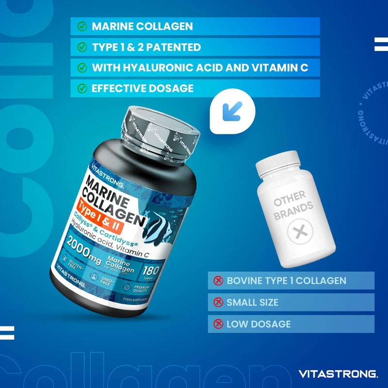 Marine Collagen with Hyaluronic Acid & Vitamin C, 180 Tablets Hydrolysed Type 1 and Collagen Type 2 Collyss & Cartidyss, Alternative to Marine Collagen Powder & Hyaluronic Acid Powder