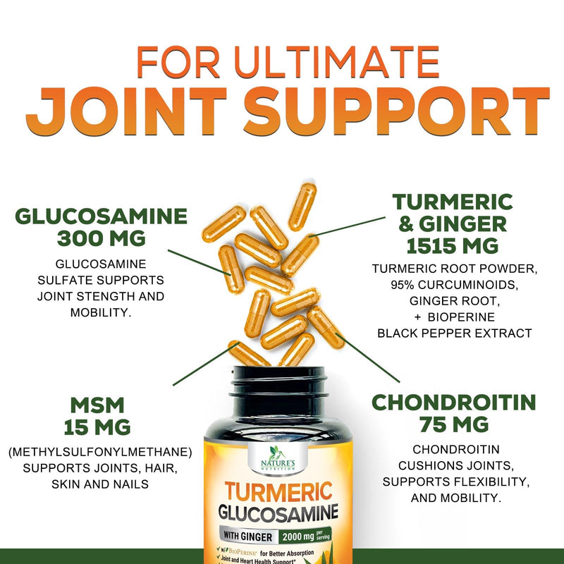 [Australia] - Turmeric Curcumin Supplement 2000mg - 95% Curcuminoids with Glucosamine, Ginger & MSM, BioPerine Black Pepper for Best Absorption, Nature's Vegan Joint Support, Non-GMO, Bottled in USA - 240 Capsules 240 Count (Pack of 1) 