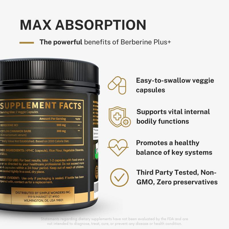 [Australia] - Berberine 1200mg HCL Plus Ceylon Cinnamon Capsules - Metabolic & Immune Support Berberine Supplement, AMPK Metabolic Activator Complex, Cardiovascular Support - Berberine HCL 1200 mg Capsules 60 Capsules (1 Pack) 