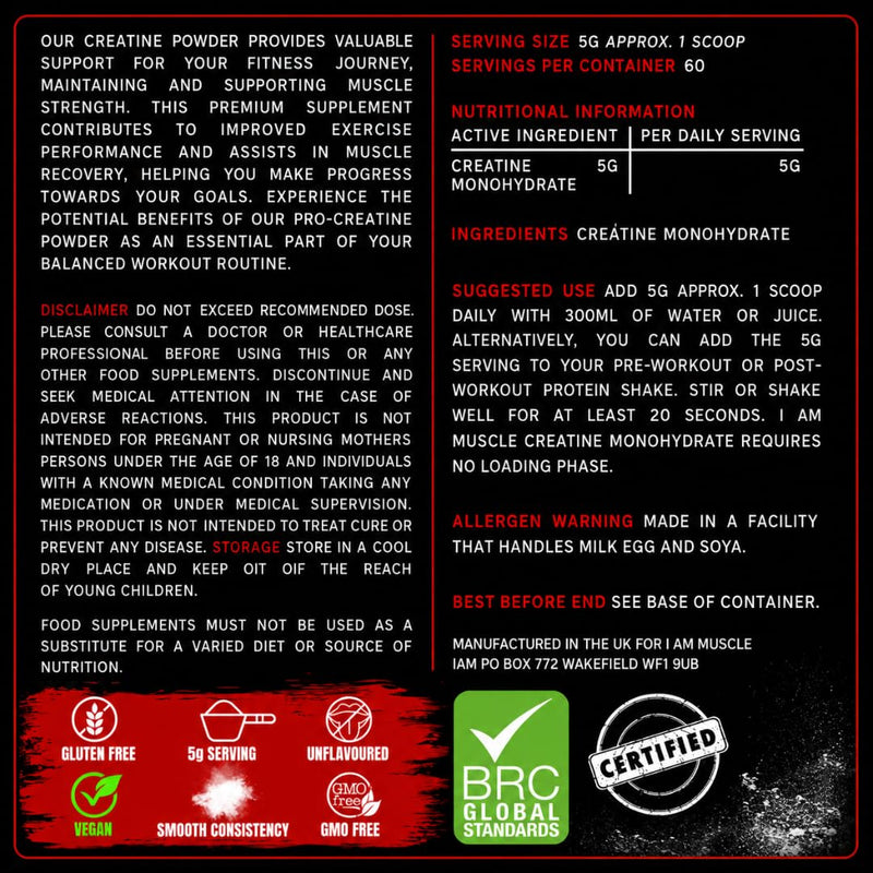 Creatine Monohydrate Powder 300g | 100% Pure Creatine Monohydrate | Unflavoured | 60 Servings | 5000mg Per Serving | Supports High-Intensity Exercise Performance | Vegan