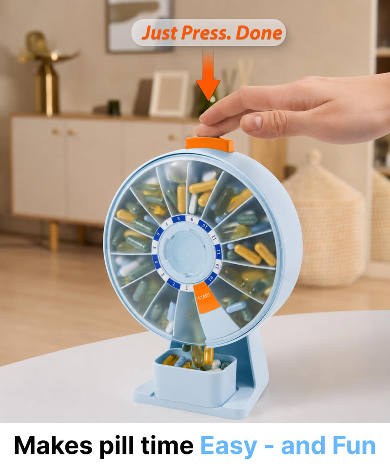 Pill Dispenser 14 Day – Rotating Medicine Organizer Wheel with Push Button, Wall Mounted or Desktop Manual Pill Dispenser for Elderly & Seniors, Large Capacity Vitamin & Medication Organizer Blue