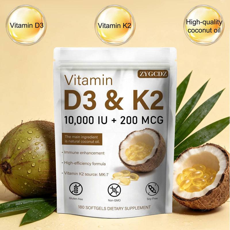 Vitamin D3 10000 IU with K2 MK-7 200 mcg Softgels, 180 Count | Supports Bone, Heart & Immune Health | Enhanced Absorption with Organic Coconut Oil, Non-GMO, Easy to Swallow Supplement (01) 1
