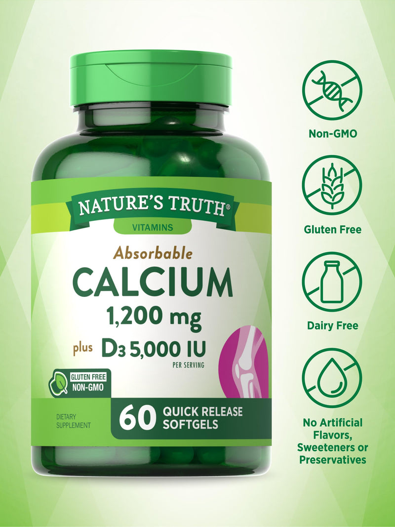 [Australia] - Nature's Truth Calcium 1200mg with Vitamin D3 5000 IU | 60 Softgels | from Calcium Carbonate | Non-GMO & Gluten Free Supplement 