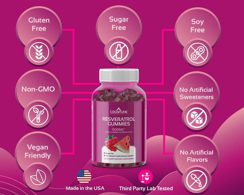 [Australia] - Resveratrol Gummies - Sugar Free Natural Raspberry Watermelon Flavor, 1500mg Resveratrol Supplement for Heart, Brain, Immune Support & Wellness, Powerful Antioxidant with Anti-Aging Benefits 