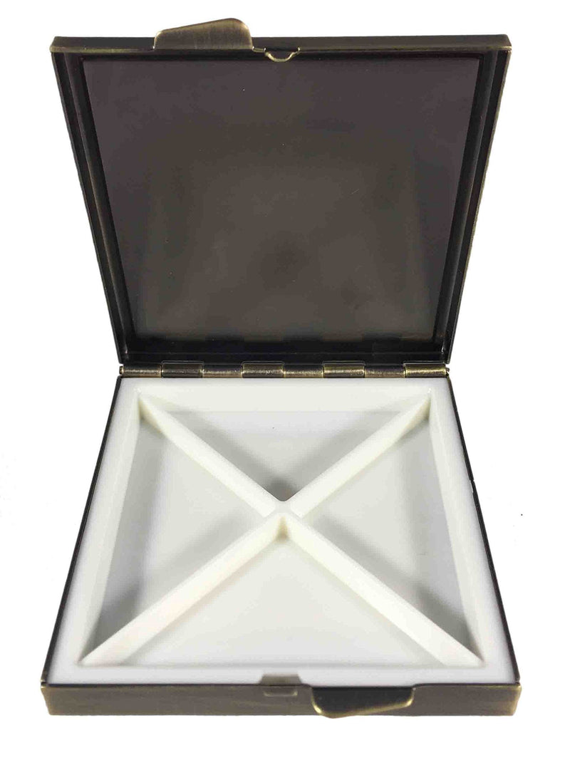 Elegant Brass Pill Box with Four Compartments – Compact 2.5 Inch Square Travel Pill Organizer – Stylish and Durable Case for Daily Pills, Vitamins, and Supplements