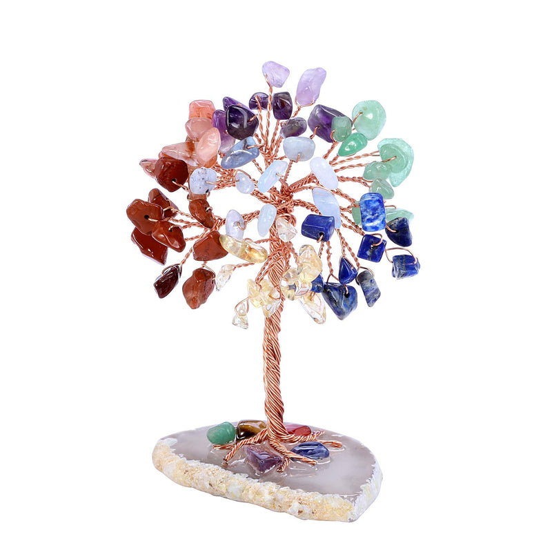Jovivi Bundle - 2 Items Double Heart Tree of Life Hanging Ornament 7 Chakra Reiki Healing Crystals + 7 Chakra Healing Crystals Tree on Agate Slice Base