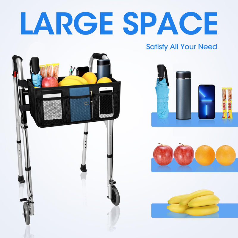 [Australia] - Upgrade Dotday Walker Basket Walker Bag Water Cup Holder, Foldable Walker Storage Bag with Big Capacity & Never Tipping Over, Best Gift for Family - Black (Not Fit Rollator Walkers) 