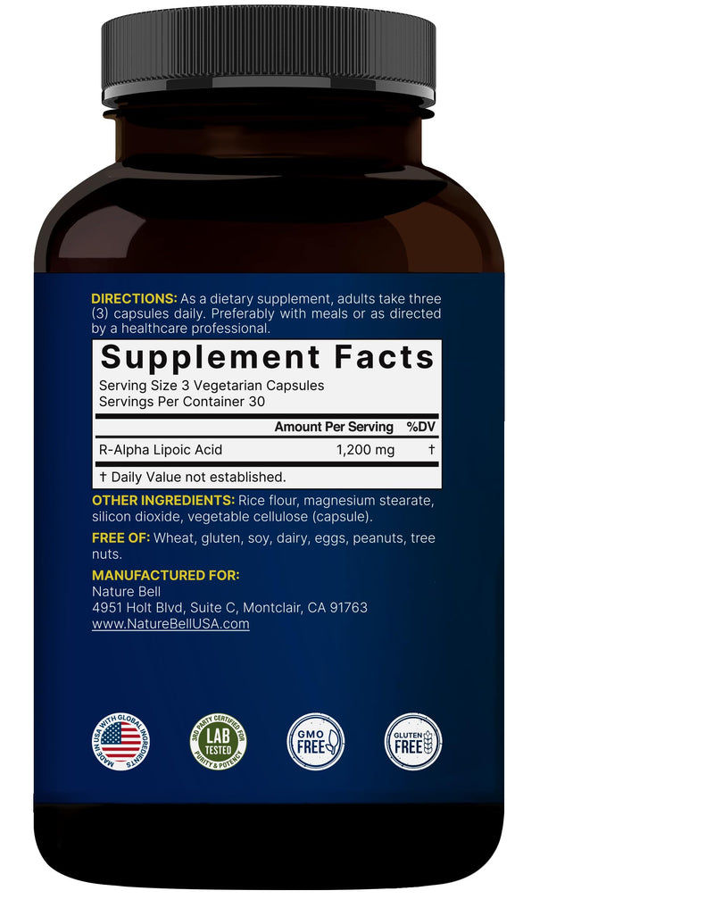 [Australia] - NatureBell R-Alpha Lipoic Acid, 1,200mg, 90 Veggie Capsules | Pure Stabilized R-ALA Only | High Absorption & Antioxidant Support | No S-ALA | Non-GMO, Gluten-Free 