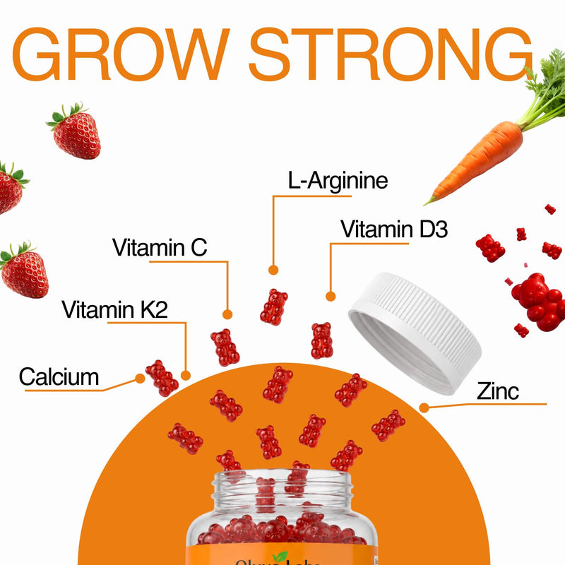 Height Growth Gummies with L-Arginine for Kids Age 2+ & Teens- Sugar-Free Grow Tall Gummies with Vitamin C, D3 + K2 Calcium, Zinc, Magnesium, for Teen Boys & Girls- Strawberry Flavour 60 Gummies