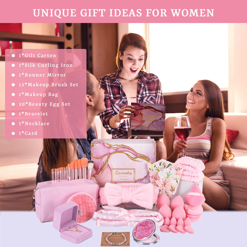 [Australia] - 40PCS Trendy Stuff Gifts Set for Teen Girls -Makeup Brushes Set + Blending Sponges + Silk Heatless Curling Set + Jewelry Set & Skincare Headbands | Birthday Gift for Daughter, Niece, Her (Pink) Pink 