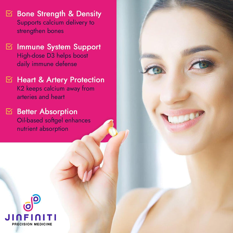 Jinfiniti Vitamin D3 + K2 Supplement, 5000 IU D3 and 100 mcg K2, with Coconut Oil, 180 Veggie Softgels, Supports Bone Heart and Immune Health, 3-6 Month Supply