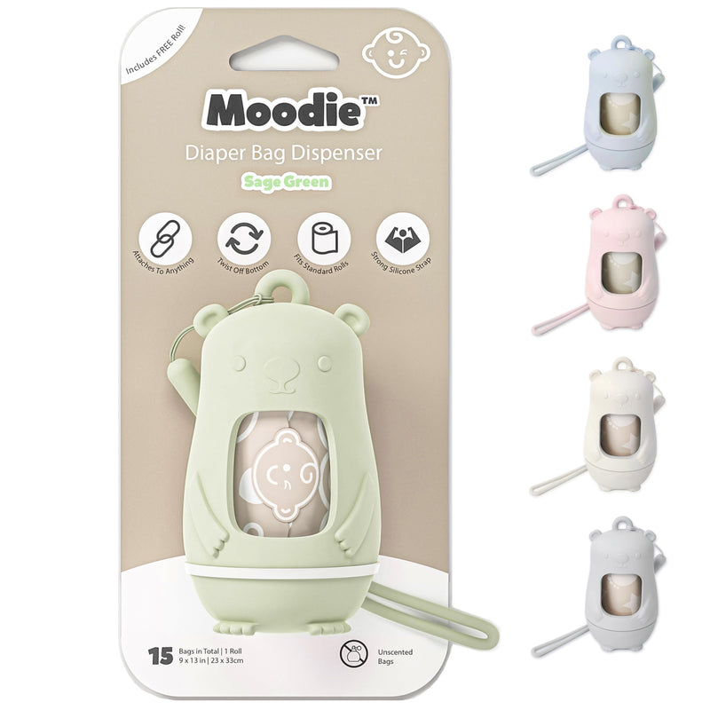 NEW Moodie Teddy Bear Diaper Bag Dispenser | Diaper Bag on the Go Dispenser w/Silicon Strap |15 UNSCENTED Diaper Disposal Bags per Roll | Diaper bag essential items (SAGE GREEN) Sage Green