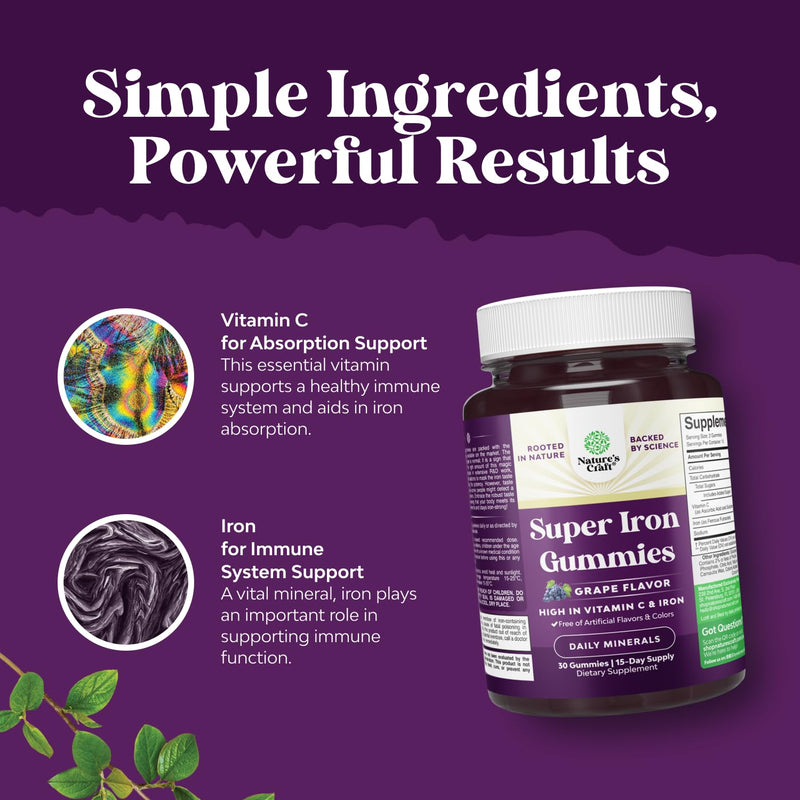 Bundle of Adults Fiber Gummies with Chicory Root Supplement for Digestive Health and Delicious Extra Strength Iron Gummies for Women and Men with Vitamin C & B Complex for Energy & Immune Support