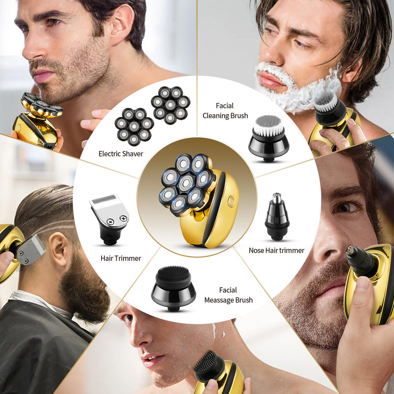 [Australia] - ROZIAPRO Head Shavers for Bald Men Rechargeable Electric Shavers for Men Cordless Electric Razor Waterproof 8D Head Hair Shaver Multifunctional Rotary Shaver Grooming Kit Gold-03 