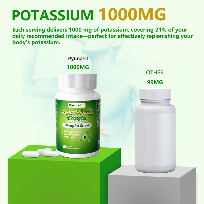 [Australia] - Potassium Supplement 1000mg – High Potassium Citrate for Leg Cramps, Muscle Health, and Heart Support, Non-GMO & Gluten-Free, 90 Capsules 