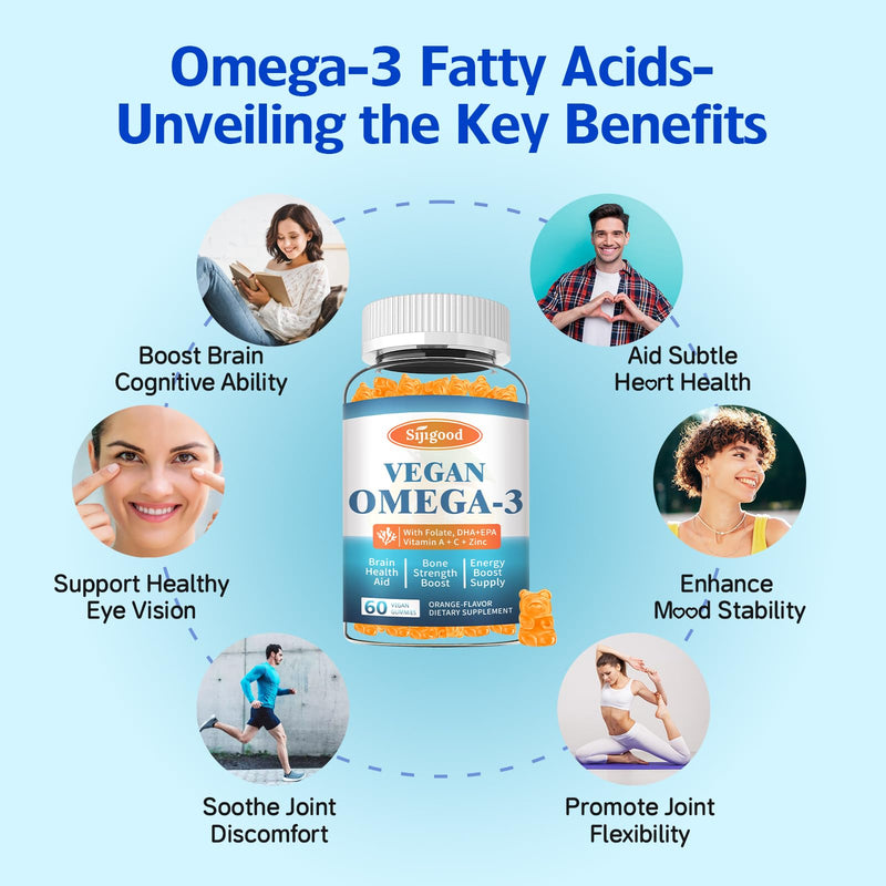 Algae Omega 3 Gummies for Women, Men & Kids, Fish Oil Alternative 60 Count | Boost Brain, He♡rt, Eye & Immune Function, With Plant Based 460 MG DHA & 230 MG EPA, No Fishy Taste, Sugar Free Orange 60 Count (Pack of 1)