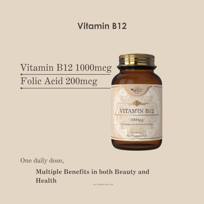 Sky Premium Life Vitamin B12 Food Supplement - 120 Capsules Vitamin B12 1000μg and Folic Acid - Vegan Friendly 120 count (Pack of 1)