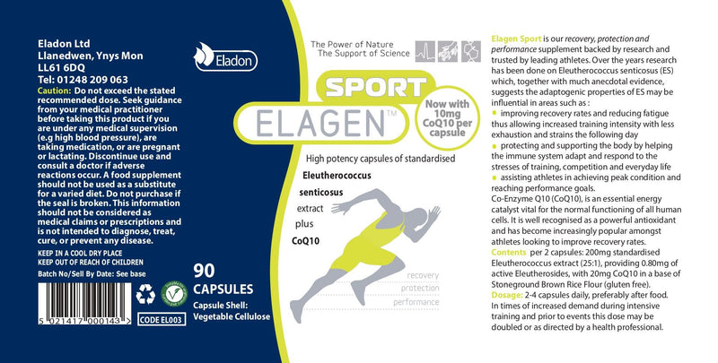 Elagen Sport All Natural Athlete Supplement for Endurance & Recovery with Eleuthero Extract (Siberian Ginseng) and CoQ10, 90 Capsules