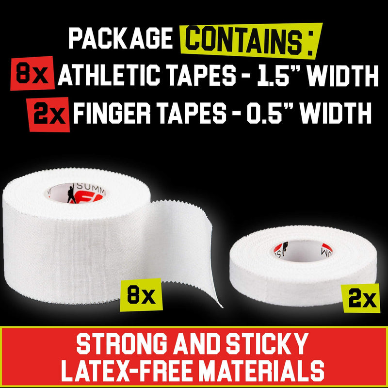 [Australia] - White Athletic Tape Extremely Strong: 8 Rolls + 2 Finger Rolls. Easy to Apply & No Residue. Sports Tape Athletic for Boxing Football Climbing or Gymnastics for Wrist Ankle & Hand Protection 8+2 Set 
