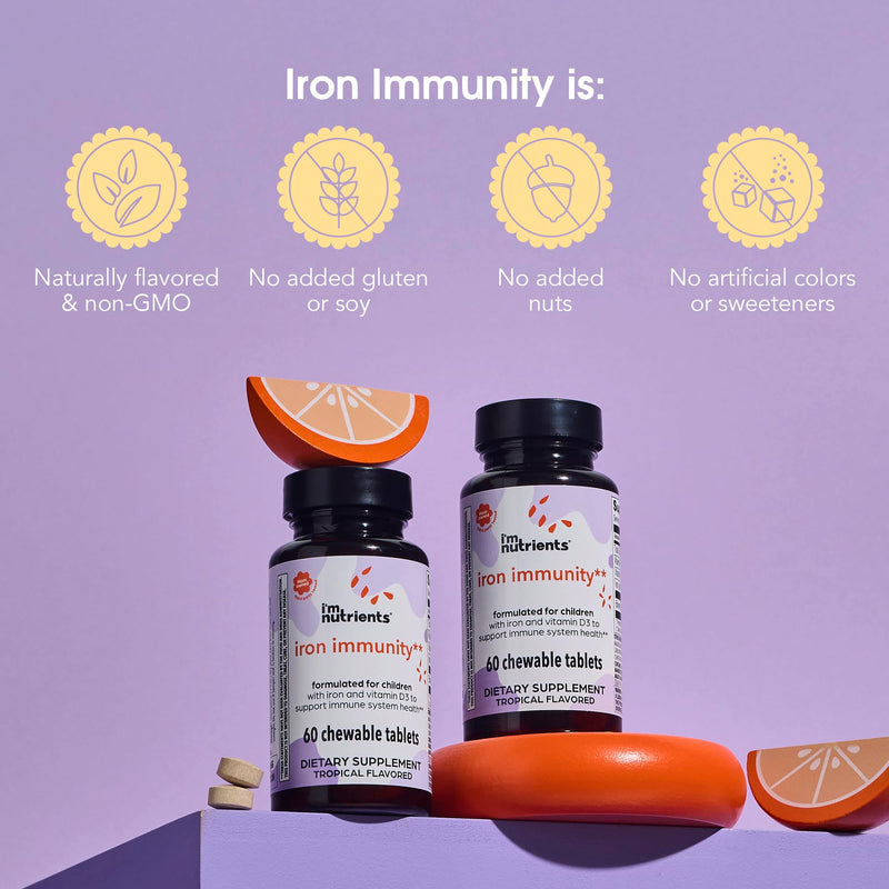 I’m Nutrients Iron Immunity | Iron Supplement for Kids | Kids Vitamin with Iron | Immune Support | Vitamin C and D3 | Naturally Flavored | No Artificial Ingredients | 60 Chewable Tablets | Iron Support, Immune Health Support, Chewable Tablets, No Artif...