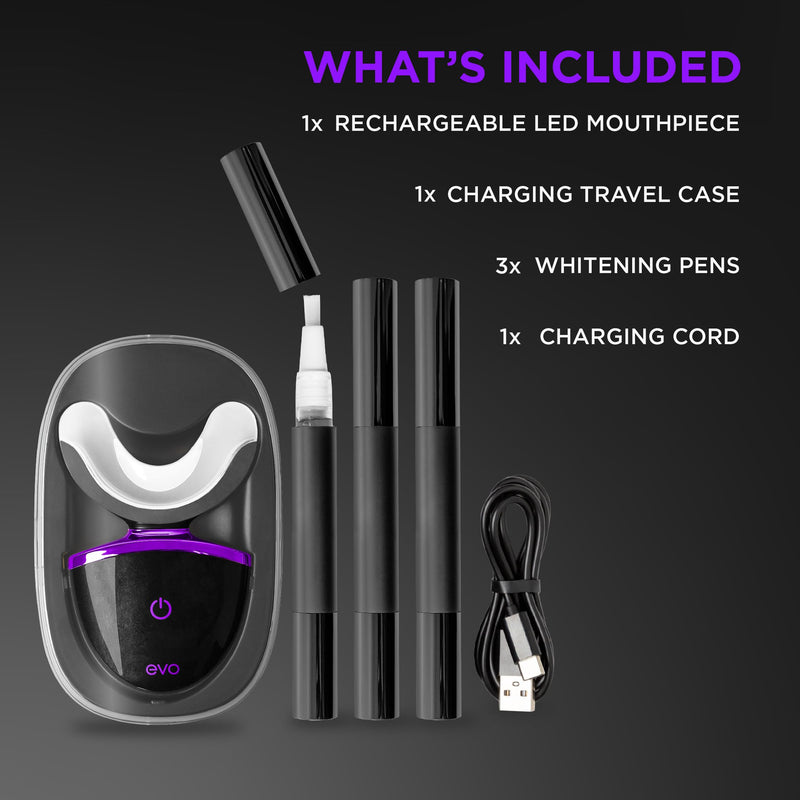 [Australia] - EVO LED Light Teeth Whitening Kit with Blue Light Mouthpiece, Enamel Safe Stain Remover, Charging Travel Case, Includes 3 Whitening Pens, 30-Minute Treatments 