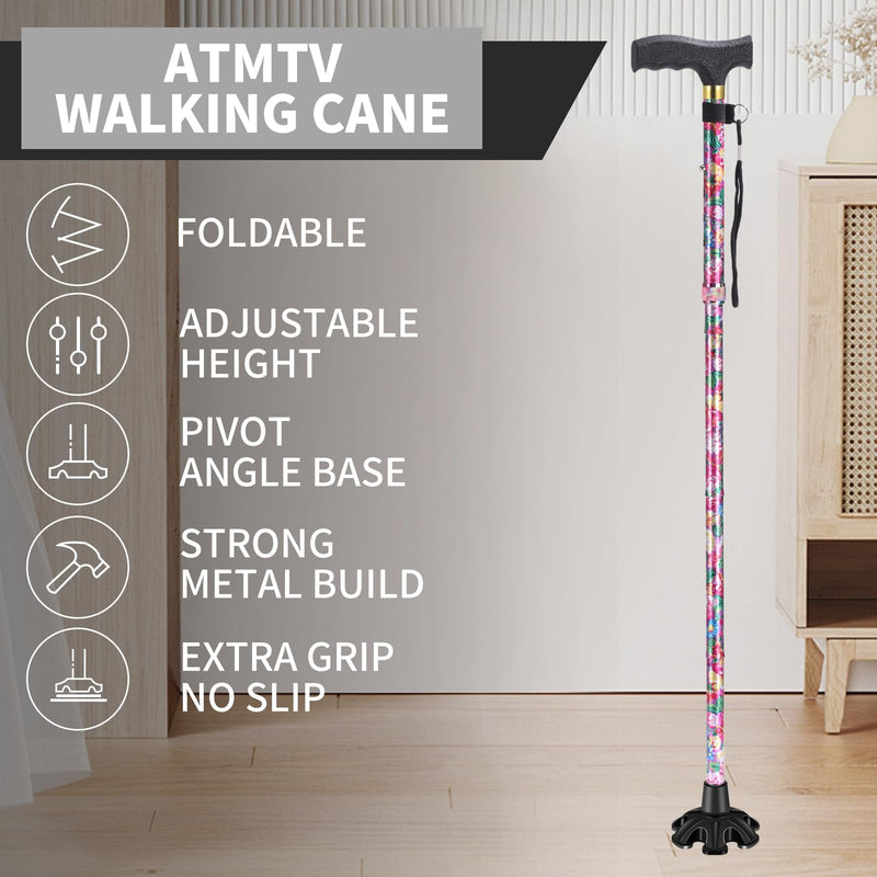 [Australia] - Walking Cane ATMTV Cane for Woman | Mobility & Daily Living Aids | 5-Level Height Adjustable Walking Stick | Comfortable Plastic T-Handle Portable Folding Cane with Replace Tip Purple Flower A-Cane Pink Printing 