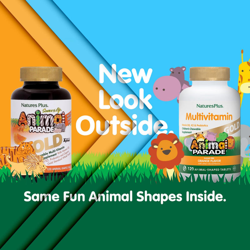 [Australia] - Natures Plus Animal Parade Source of Life Gold Children's Multivitamin - Orange Flavor - 120 Chewable Animal Shaped Tablets - Immune Support Supplement - Gluten-Free - 60 Servings 1 